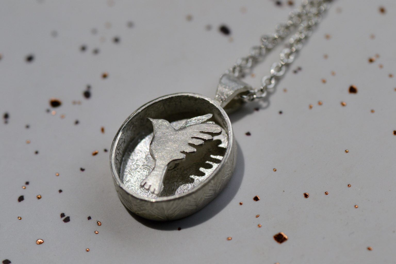 •TAKE FLIGHT• silver feather shadowbox necklace (18